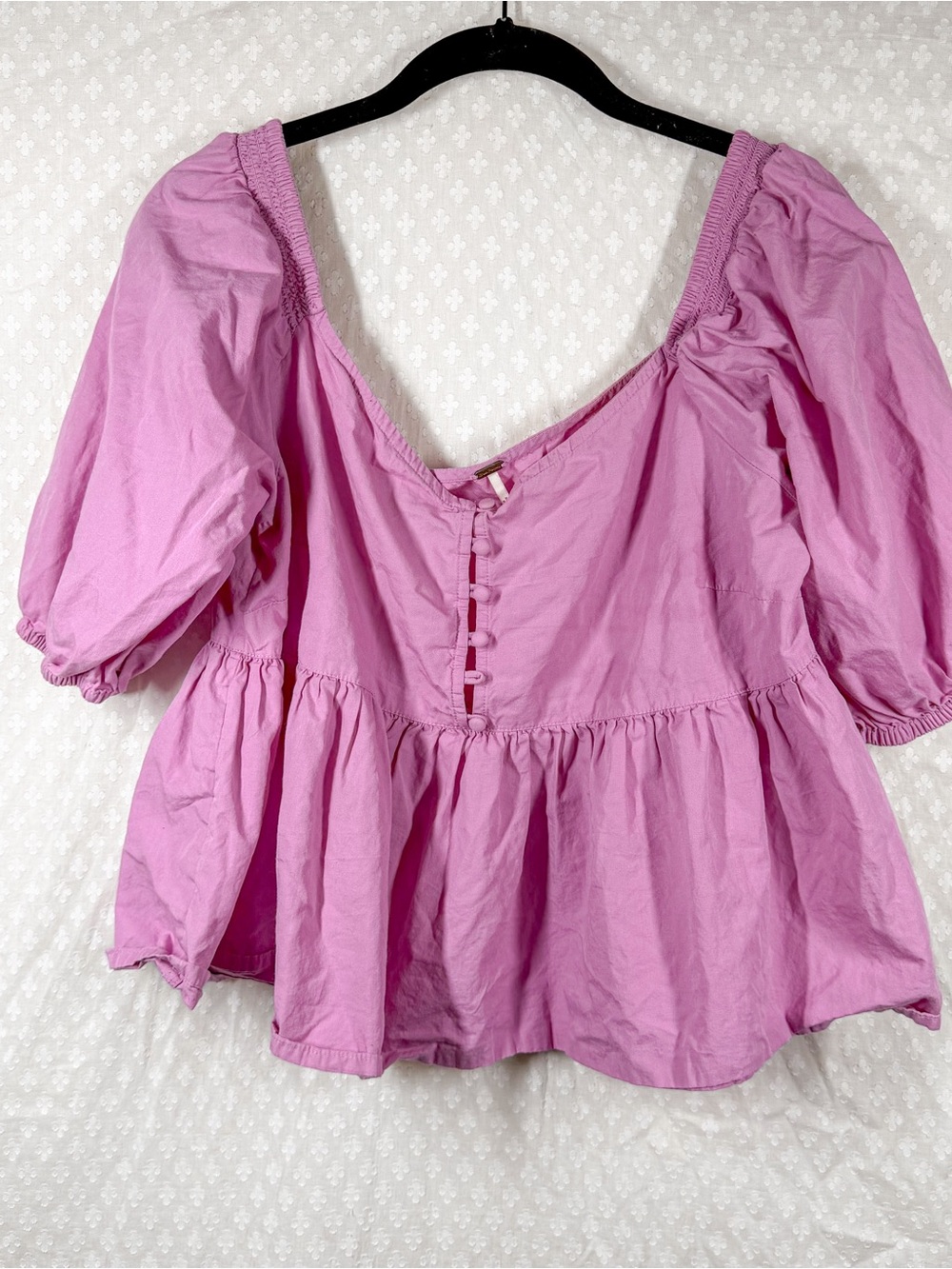 Free People Pink Short Puff Sleeve Veronica Button Front Peplum Babydoll Top